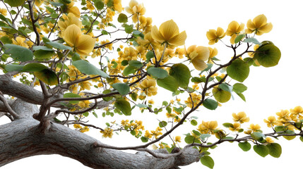 Golden Blooms: A captivating photograph captures the beauty of a flowering tree, adorned with delicate yellow blossoms and verdant leaves, set against a bright backdrop.