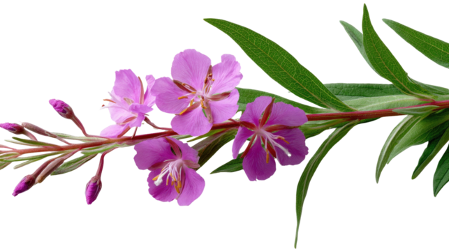 Delicate bloom of Fireweed on White: A serene shot of fireweed blossom with vibrant pink petals on a branch with green leaves.