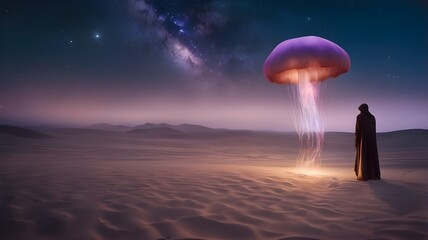 Surreal Scene of Glowing Jellyfish Floating in Desert Under Starry Sky