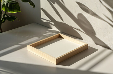wooden frame mockup poster lying on the table with plant decor for art presentation