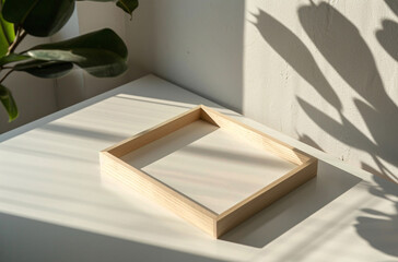 wooden frame mockup poster lying on the table with plant decor for art presentation