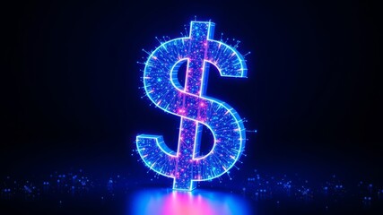 A glowing neon blue and pink dollar sign symbol explodes with vibrant energy particles on a dark background.