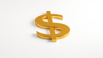 A three dimensional golden dollar sign rests on a bright white background symbolizing wealth and financial success.