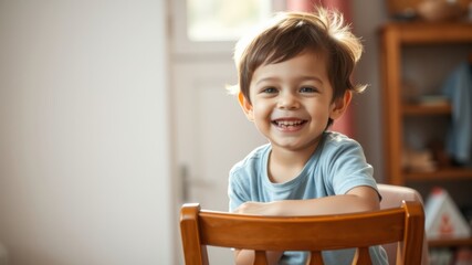 A happy toddler boy with a big smile sits on a wooden chair in a bright home interior.