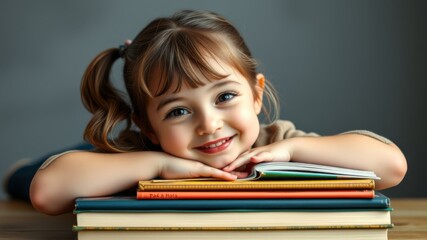 A happy little girl with pigtails rests her chin on a stack of colorful books smiling sweetly at the camera.