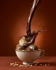 Rich chocolate sauce cascading onto decadent ice cream scoops, adorned with crunchy nuts, creates an appetizing dessert scene against a warm brown backdrop conveying sweetness.