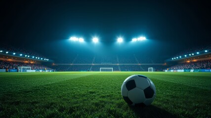 A dramatic night soccer game stadium scene with a soccer ball in the foreground under bright stadium lights.
