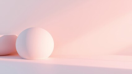 Two smooth pastel pink eggs rest gently on a minimalist light pink surface bathed in soft sunlight.
