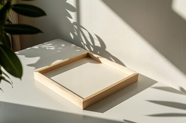 wooden frame mockup poster lying on the table with green plant decor for art showcase