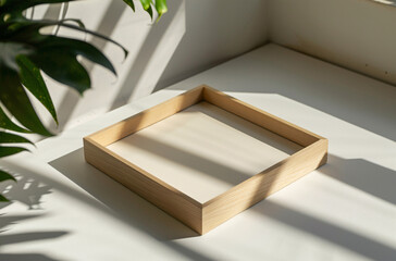 wooden frame mockup poster lying on the table with green plant decor for art showcase