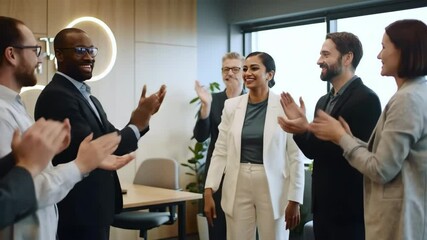 A diverse team of colleagues celebrates a success Arms raised in unison for a joyful high five moment Unified teamwork is captured indoors - Powered by Adobe