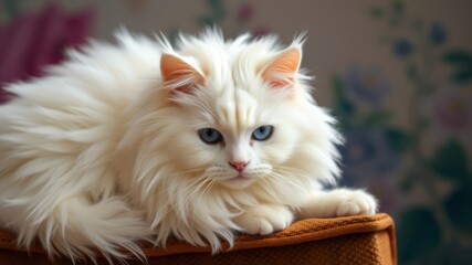 A beautiful fluffy white longhair cat with bright blue eyes rests peacefully on an orange cushion.