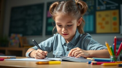 A focused young girl diligently works on her schoolwork at her desk in a brightly lit classroom.