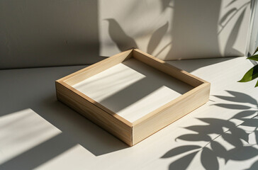 wooden frame mockup poster lying on the table with green plant decor for art showcase