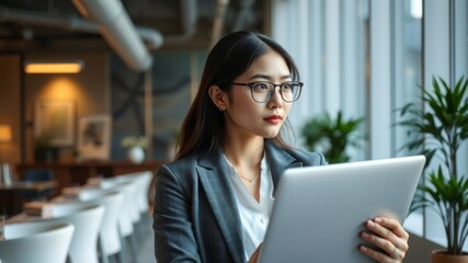 A thoughtful young businesswoman holds a tablet and looks out a large window in a modern office setting contemplating future plans.