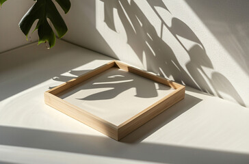 wooden frame mockup poster lying on the table with green plant decor for art showcase
