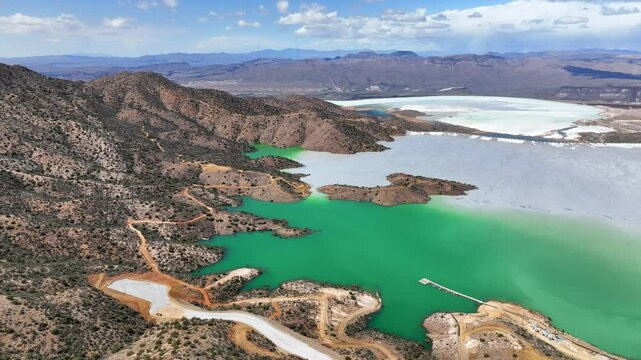 Aerial view of copper mine and mountains, United States.