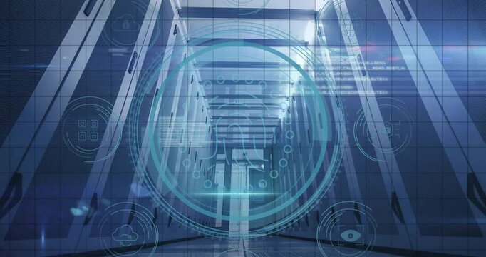 Panning down server aisle showing data protection text shrinking pulsing rings visualizing security