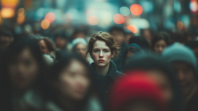 Serious-faced woman standing in bustling city crowd with minimalist composition and shallow depth of field for urban and corporate use