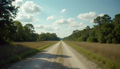 Dirt Road Through Fields and Trees Under Cloudy Blue Sky