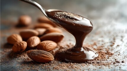 A decadent spoonful of dark chocolate sauce elegantly cascades over a bed of fresh almonds, creating a tempting confectionery scene with rich, nutty flavors and a creamy, smooth texture.