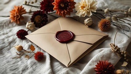 A sealed envelope with a wax stamp surrounded by autumnal flowers and fabric.