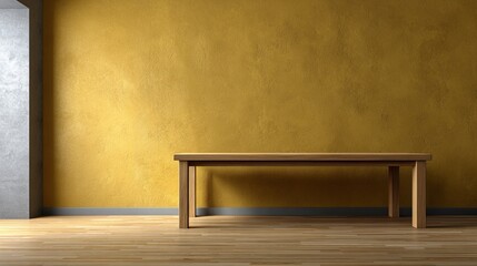 Wooden table against a mustard yellow wall in a minimalist room interior