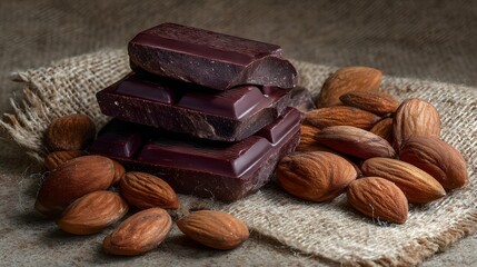 Tempting dark chocolate squares stacked beside healthy almonds create a delectable treat on a rustic burlap, enticing cravings with this sweet and nutty indulgence and healthy snack.