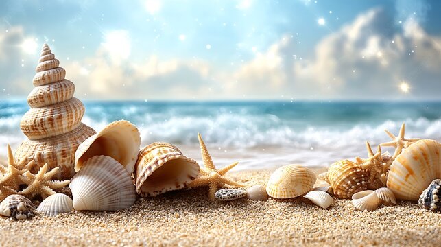 A close-up of seashells arranged beautifully on a sandy beach, with a slight breeze, and a peaceful ocean view stretching toward the horizon. - Powered by Adobe