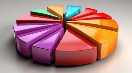 Obraz premium A vibrant 3D pie chart with multi-colored segments lifted slightly, symbolizing data distribution.
