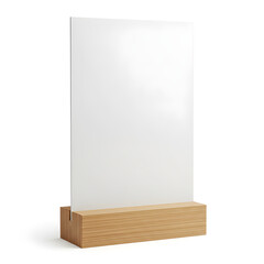 A clear acrylic display sign on a wooden base, perfect for showcasing information.