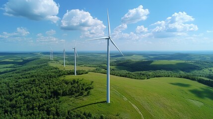 Aerial view of wind turbines on a green hilltop under a bright blue sky with fluffy white clouds.  Clean energy, renewable resource, sustainable power generation