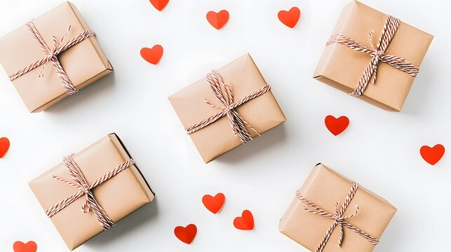 Kraft Paper Gift Boxes with Red Hearts Valentines Day Flatlay