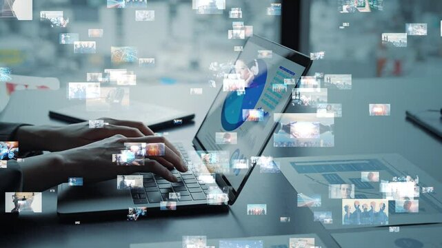 Business people using laptops and video content concept