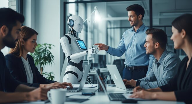 Business Meeting with Robot Handshake in Modern Conference Room