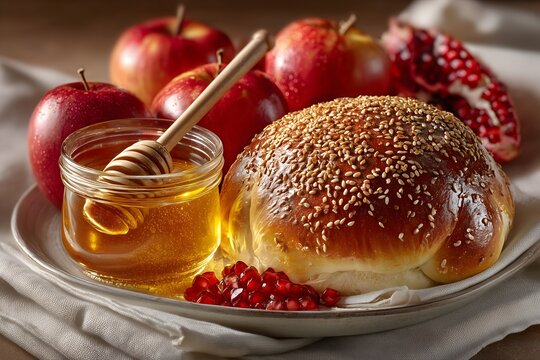 Celebratory Rosh Hashanah table with honey, apples, pomegranates, and traditional challah bread in a cozy setting