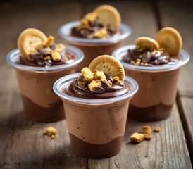 Indulge in delightful chocolate mousse cups topped with biscuit and chips, a sweet treat perfect for dessert or a quick snack, displayed on a rustic wooden surface for a delectable delight.