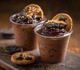 Indulge in decadent chocolate mousse cups with cookie toppings, a perfect treat for dessert lovers and suitable for illustrating bakery goods and sweet temptations in food photography.