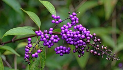 Cluster of vibrant purple berries on a branch