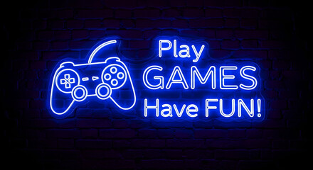 Blue Neon Game Controller Sign with Play Games Have Fun Text on Dark Wall