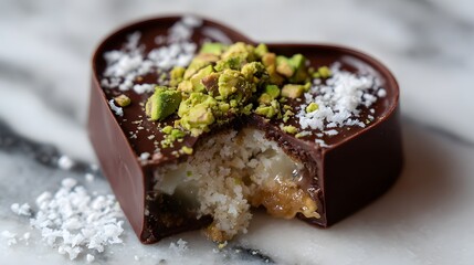 Indulge in a decadent heart-shaped chocolate candy, a delicious dessert featuring pistachio toppings, shredded coconut and a rich, sweet filling on a marble surface, perfect for a treat.