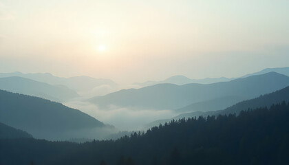 Mountains at Sunrise with Fog and Forest Silhouettes in a Peaceful Landscape