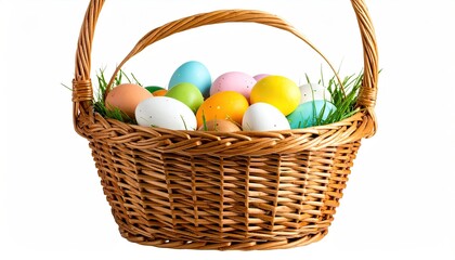 Colorful eggs in a wicker basket with grass