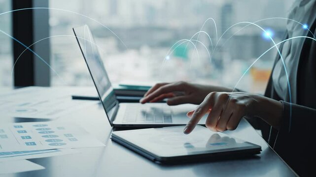 Business people using digital devices and communication network concept