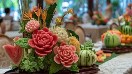 Fototapeta premium A Thai fruit carving display with watermelon roses and pineapple leaves