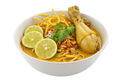 Bowl of thai khao soi curry noodle soup featuring chicken legs and lemon slices topped with fresh ingredients for an authentic taste experience isolated on white or transparent background. PNG