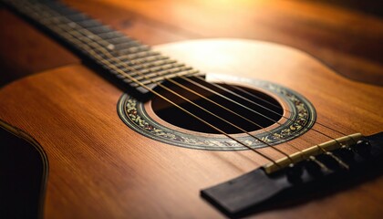Close-up acoustic guitar, warm tones