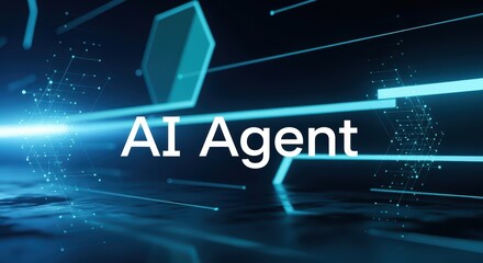 Digital Ai Agent Concept with Futuristic Geometric Elements and Blue Light Effects