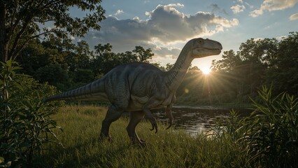 Compsognathus Dinosaur in Sunset Landscape