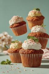 Whimsical Cupcakes with Whipped Frosting, Sprinkles, and Mint on Pastel Background
